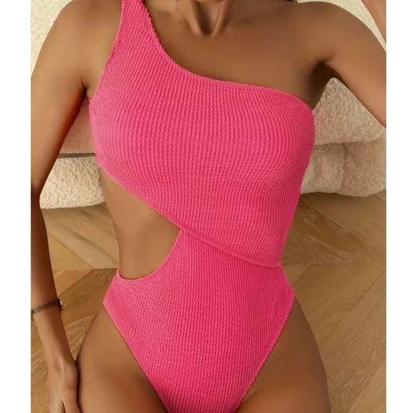 One Shoulder Rib Knit Cut Out Swimsuit, High Stretch One Piece Bathing Suit - Picture 3 of 9